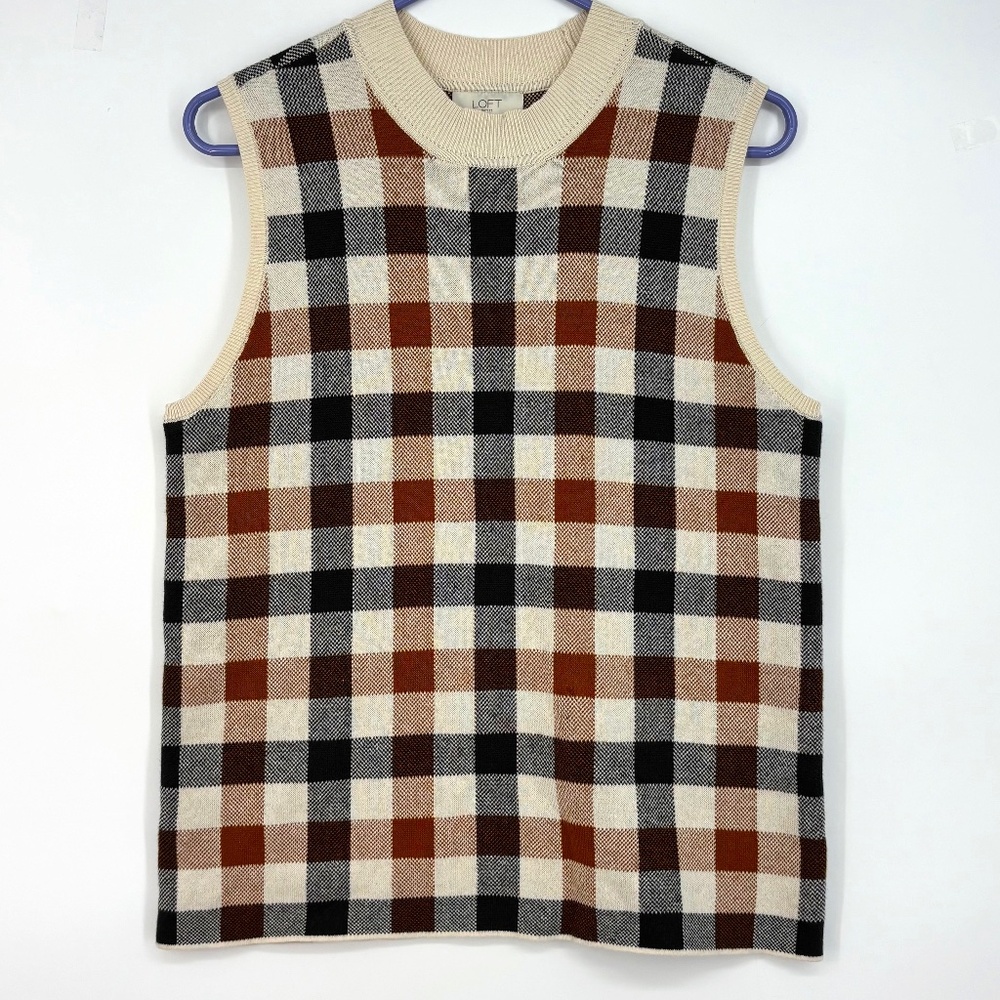 Loft Womens Large fits like Small Sleeveless Sweater Gray Rust Plaid Mock Neck